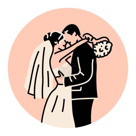Illustration for The newlyweds embrace black line icon. - Royalty Free Image