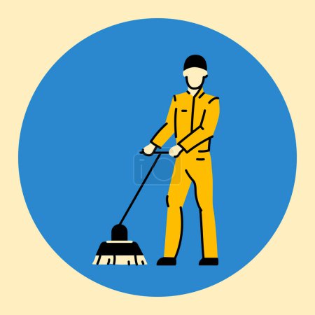 Téléchargez les illustrations : Homme avec une icône de ligne noire de serpillière. Entreprise de nettoyage - en licence libre de droit
