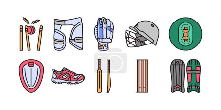 Illustration for Cricket equipments color line icons. Pictograms for web page - Royalty Free Image