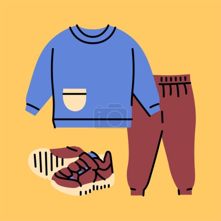 Ilustración de Chaqueta de bebé y pantalones y zapatillas de deporte concepto de color. - Imagen libre de derechos