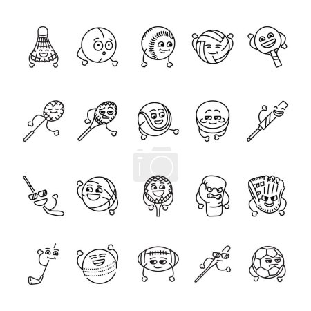 Illustration for Funny cute happy sports equipment black line icons set - Royalty Free Image