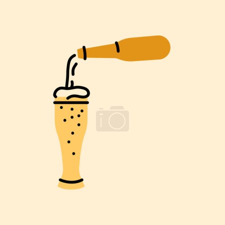 Illustration for Beer pouring from dark bottle black line icon. - Royalty Free Image