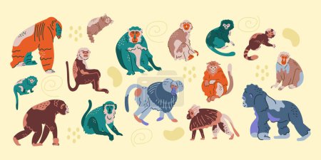 Ilustración de Monos dibujados a mano concepto de color. Personajes infantiles. - Imagen libre de derechos