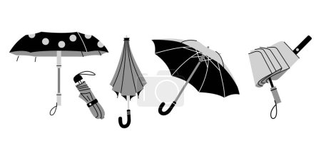 Illustration for Umbrellas in different poses. Isolated elements. Rain protection. - Royalty Free Image
