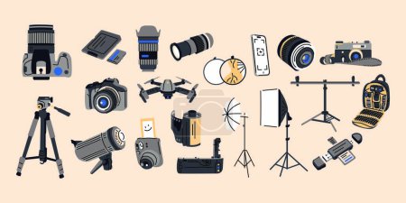 Illustration for Camera devices color icons. Professional equipments. - Royalty Free Image