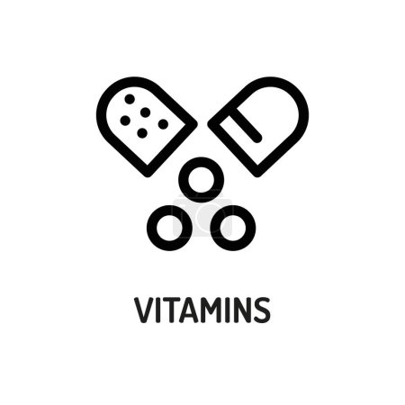 Illustration for Vitamins line black icon. Nutrition facts. - Royalty Free Image