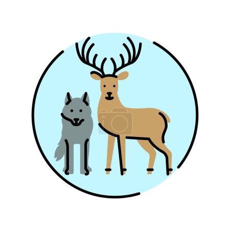 Ilustración de Icono de línea de color ciervo y lobo. Bosque silvestre animales caninos. - Imagen libre de derechos
