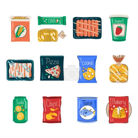 Ilustración de HCartoon dibujado a mano elementos de color de alimentos no procesados. - Imagen libre de derechos