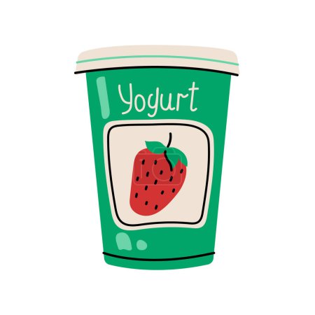 Téléchargez les illustrations : Élément de couleur de yaourt emballé dessiné à la main. Caricature aliments non transformés. - en licence libre de droit