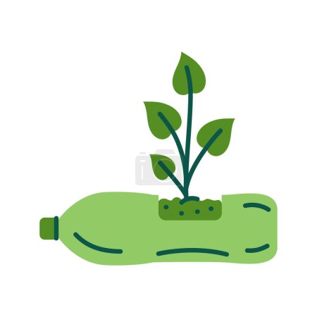 Téléchargez les illustrations : Plantes vertes dans des pots de bouteille en plastique couleur icône plate. - en licence libre de droit