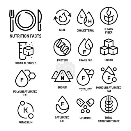 Ilustración de Información nutricional line black icons. - Imagen libre de derechos