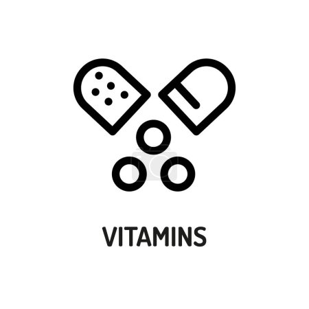 Téléchargez les illustrations : Vitamines ligne icône noire. Valeur nutritive. - en licence libre de droit