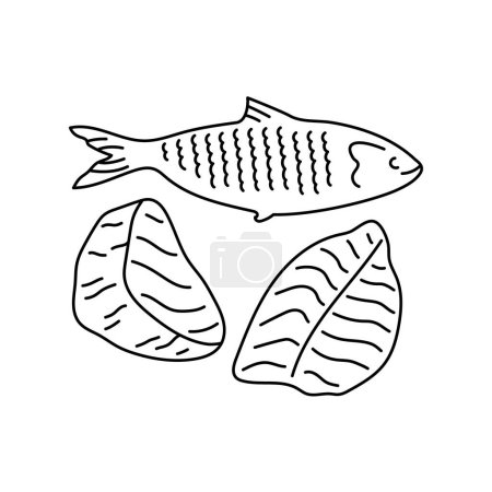 Téléchargez les illustrations : Poisson dessiné à la main : thon, filet, élément de couleur hareng. Caricature aliments non transformés. - en licence libre de droit