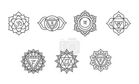 Illustration for Chakras set: muladhara, swadhisthana, manipura, anahata, vishuddha, ajna, sahasrara. - Royalty Free Image