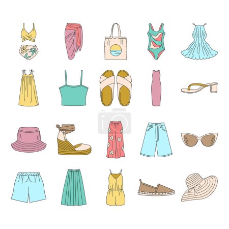 Téléchargez les illustrations : Vêtements d'été pour femmes ligne icônes de couleur ensemble. Signes pour page web, application mobile, bouton, logo. - en licence libre de droit