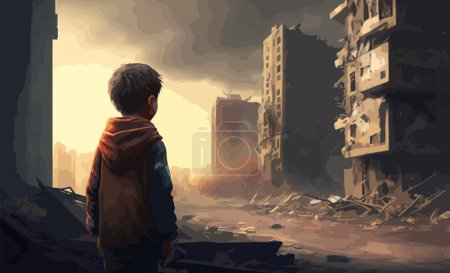 Ilustración de Un niño solitario está parado sobre las ruinas de una ciudad arruinada y mira la destrucción. Ilustración vectorial. - Imagen libre de derechos
