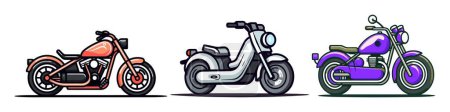 Ilustración de Juego de motos. Motocicletas y scooters. Conjunto de vectores sobre fondo blanco. - Imagen libre de derechos