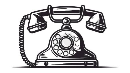 Vector logo of hand drawn illustration of retro phone in vintage engraved style.