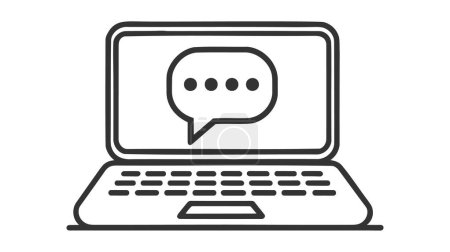 Ilustración de Icono vectorial que representa una computadora portátil con una burbuja de chat en su pantalla, mostrando puntos de elipse que indican un mensaje de escritura o espera. - Imagen libre de derechos