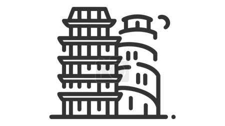 Ilustración de Arte gráfico de línea negra que combina la Torre Inclinada de Pisa y un templo chino, aislado sobre fondo blanco. - Imagen libre de derechos