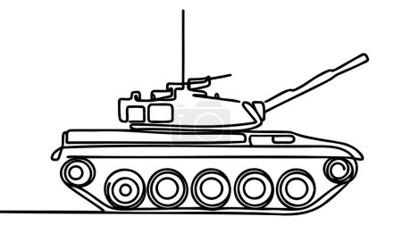 Dibujo continuo de línea de tanque. Arte de una línea de transporte militar, blindado de personal, vehículo de combate de infantería.