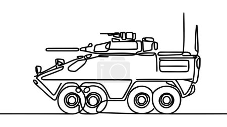 Dibujo continuo de línea de tanque. Arte de una línea de transporte militar, blindado de personal, vehículo de combate de infantería.