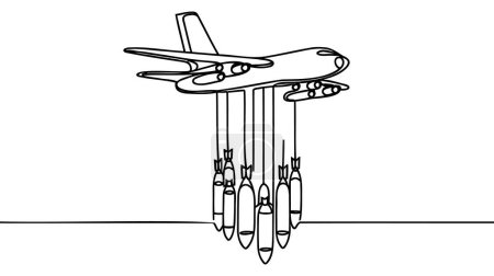 Illustration for Army combat bomber plane. Military bomber with missiles. One continuous line vector illustration. - Royalty Free Image
