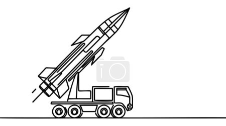 Sistema móvil de lanzamiento de cohetes, vehículo misil. lanzamisiles balísticos. Dibujo de una línea para diferentes usos. Ilustración vectorial.