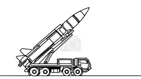 Mobile launch rocket system, Missile vehicle. ballistic missile launcher. One line drawing for different uses. Vector illustration.