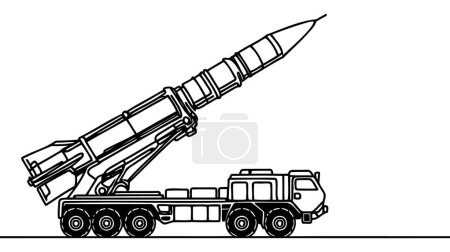 Sistema móvil de lanzamiento de cohetes, vehículo misil. lanzamisiles balísticos. Dibujo de una línea para diferentes usos. Ilustración vectorial.