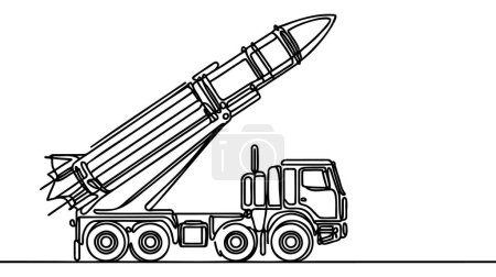 Mobiles Raketenabschusssystem, Raketenfahrzeug. Raketenabschussrampen. Eine Linienzeichnung für verschiedene Zwecke. Vektorillustration.