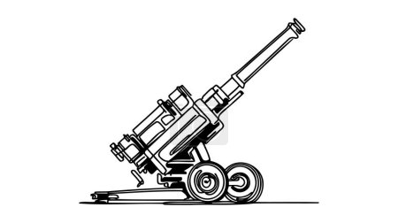 Pistola de artillería para disparar a objetivos cubiertos y estructuras defensivas. Dibujo de una línea para diferentes usos. Ilustración vectorial.