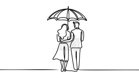 Eine einzige Zeile zeichnet ein junges Paar Mann, Frau, Mädchen und Junge, die mit Regenschirm unter Regen lächelnd umarmen. Romantisches Paar bei regnerischem Herbstwetter. Grafischer Vektor für kontinuierliche Linienzeichnung