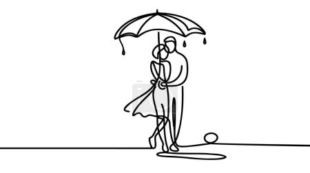 Eine einzige Zeile zeichnet ein junges Paar Mann, Frau, Mädchen und Junge, die mit Regenschirm unter Regen lächelnd umarmen. Romantisches Paar bei regnerischem Herbstwetter. Grafischer Vektor für kontinuierliche Linienzeichnung