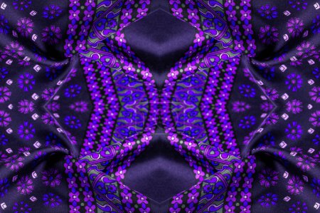 Photo for Seamless kaleidoscope, silk fabric of dark blue color with blue and purple flowers, dense fabric, double-sided based on triacetate fibers. - Royalty Free Image