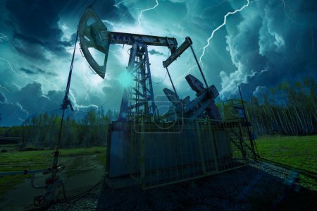 Pumpjack Stunning visual depiction of a pumping machine in storm clouds. Unique and attractive design. Transmits the power and energy of industrial equipment.