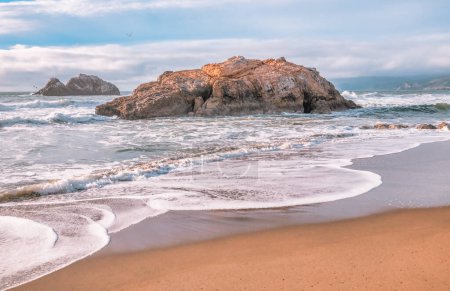 Photo for Beautiful landscape, sandy shore of the North Pacific Ocean near Sutro Baths in San Francisco, USA with a view, of the Seal Rocks - Royalty Free Image