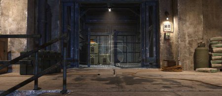 3D-Rendering eines unterirdischen Bunkers mit filmischer Beleuchtung und Baumaschinen