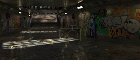 3D render of a derelict underground passage with cinematic lights and graffiti on the walls