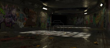 Representación en 3D de un pasaje subterráneo abandonado con luces cinematográficas y graffiti en las paredes