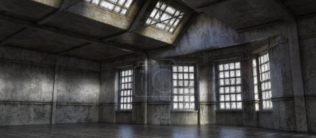 3D-Hintergrundbild einer gespenstisch gruselig großen, verlassenen, leeren Halle
