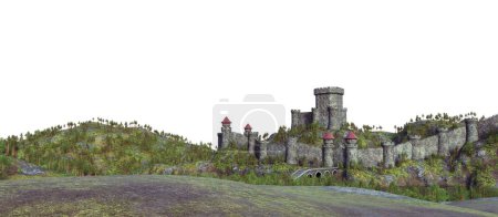 Photo for 3D background render of a medieval castle on a hill over grassy terrain - Royalty Free Image