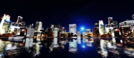 3D-Darstellung einer Stadtlandschaft wie New York bei Nacht über Wasser