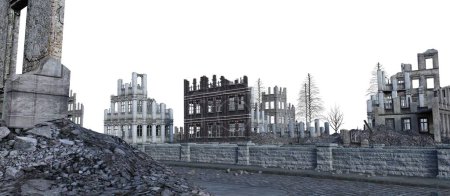 3D background render of a destroyed post-apocalyptic city on a white background