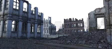 3D background render of a destroyed post-apocalyptic city on a white background