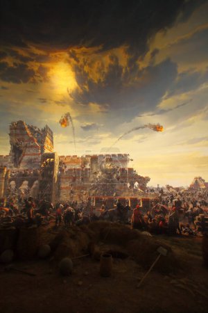 Foto de Estambul, Turquía. 07 de abril de 2015: Caída de Constantinopla capturada por Mehmet. Museo Panorámico 1453. Detalles del asalto final de Constantinopla. - Imagen libre de derechos