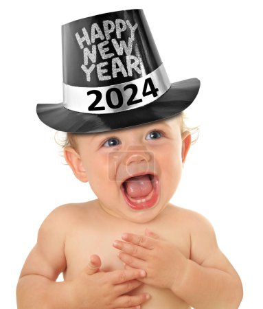 Ein zehn Monate alter Junge weint und trägt einen Zylinderhut für ein frohes neues Jahr. 2024