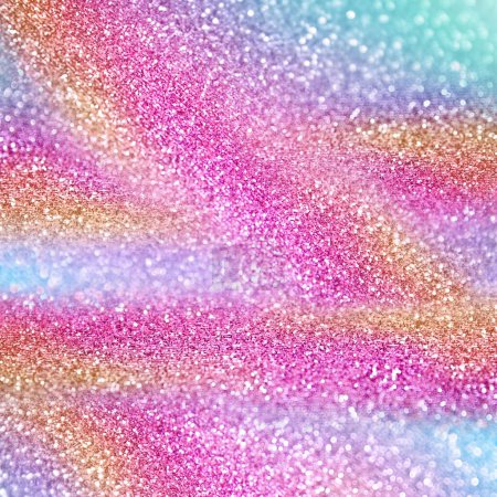 Photo for Fun rainbow pink, blue green, purple, yellow color glitter sparkle background, celebrate happy birthday party glittery mermaid invite, princess little girl texture or girly unicorn pony sequin pattern - Royalty Free Image