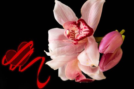 Foto de Beautiful floral composition with heart  on black background - Imagen libre de derechos