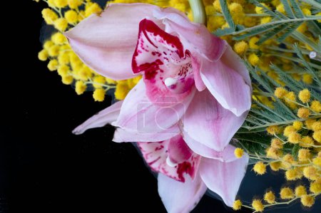 Foto de Close up of beautiful  orchids  and mimosas  bouquet - Imagen libre de derechos